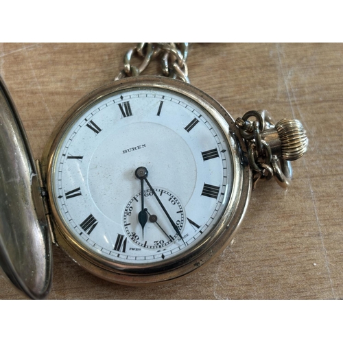 295 - Antique gold plated hunter pocket watch by Buren with associated Albert chain