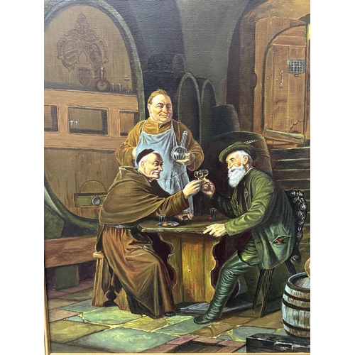 118 - Unsigned, good quality modern oil on canvas depicting a 19thC Monks wine testing scene in fine quali... 