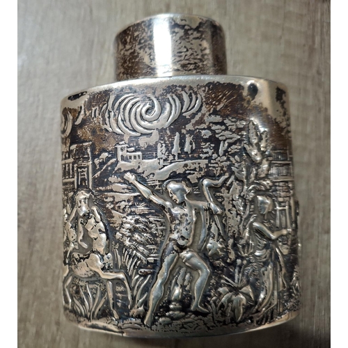 3 - Chester 1904 silver lidded bottle with beaten extensive antient Grecian scenes all round,

85 grams ... 