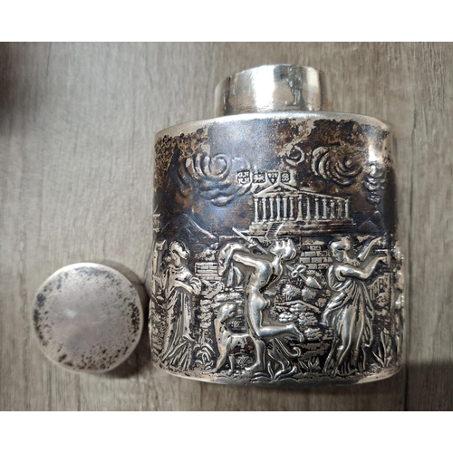 3 - Chester 1904 silver lidded bottle with beaten extensive antient Grecian scenes all round,

85 grams ... 