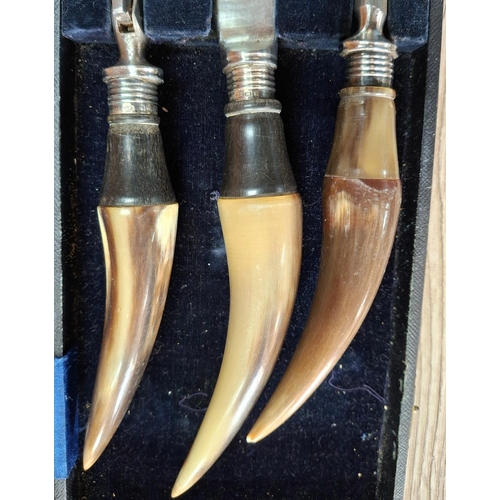 2 - Cased 1915 Sheffield silver collared, horn handled carving set by H Barnascone & Son of Sheffield