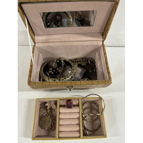 22 - Leather costume jewellery box with contents