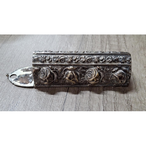 14 - Unmarked white metal ornate toothpick box (possibly Dutch) together with a silver handled shoe horn ... 