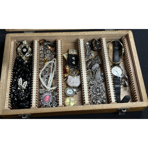 42 - 2 Wooden boxes of costume jewellery including brooches etc