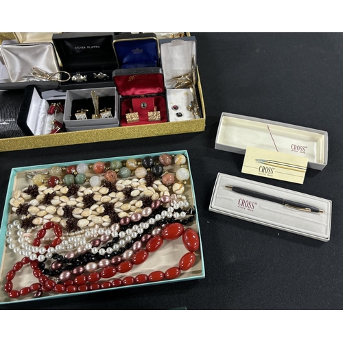 43 - box of cufflinks with necklaces and 4 boxed Cross pens