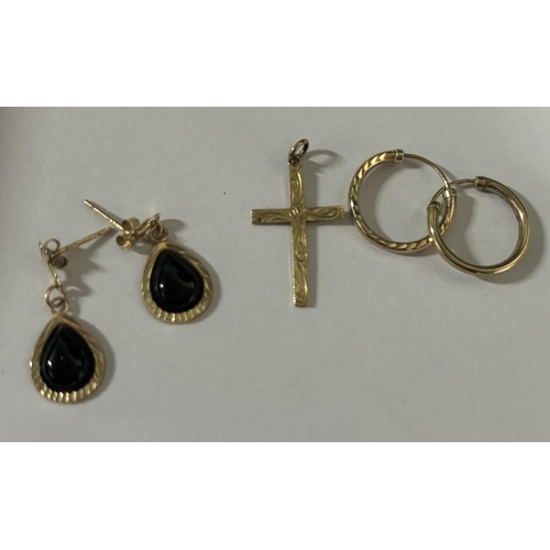 44 - 2 pairs of 9ct earrings with a hallmarked 9ct yellow gold cross 

1.7g