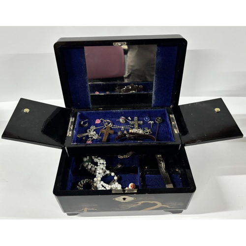 48 - Hand painted costume jewellery box with contents including crosses