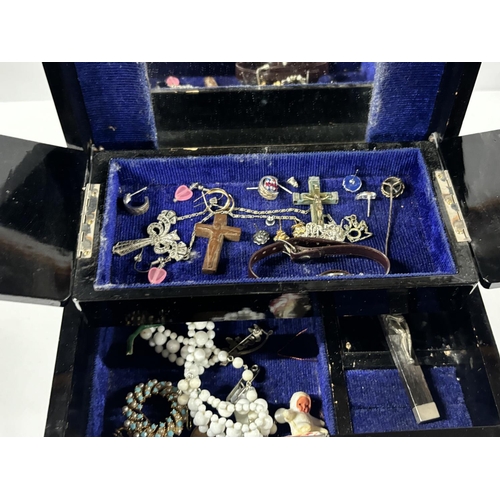 48 - Hand painted costume jewellery box with contents including crosses