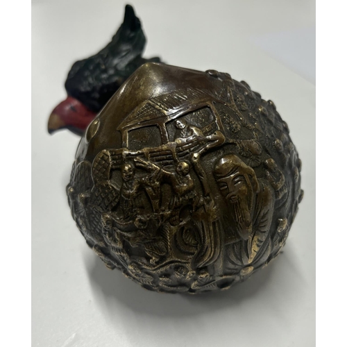 80 - Chinese metal ball along with metal Hen head