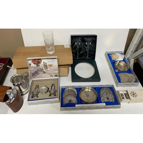 144 - Collection of various metalware and cutlery including a boxed cutlery set, hip flask and  Bohemian g... 