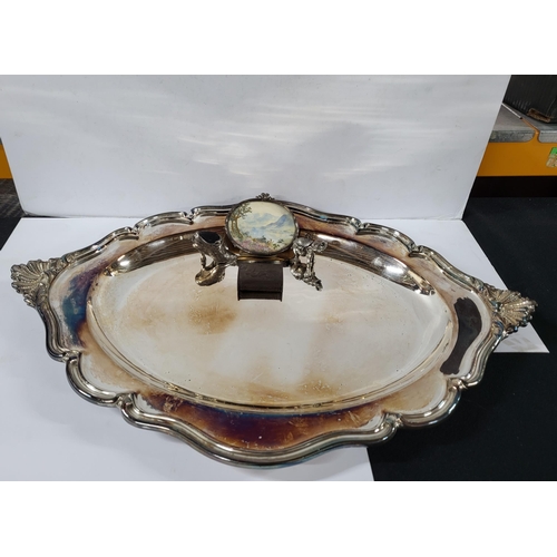 148 - Silver plated tray along with  four other collectables including a small frame, two metal figures an... 