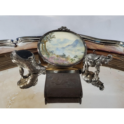 148 - Silver plated tray along with  four other collectables including a small frame, two metal figures an... 