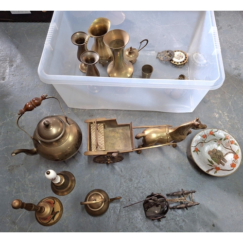 170 - Box of various brassware to include a horse & cart, 2 hand bells, vases etc (Qty)