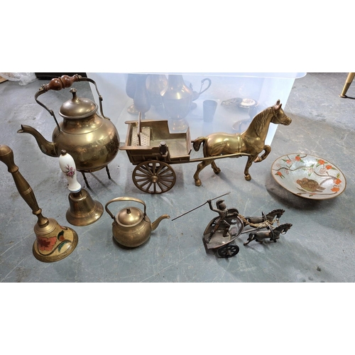 170 - Box of various brassware to include a horse & cart, 2 hand bells, vases etc (Qty)