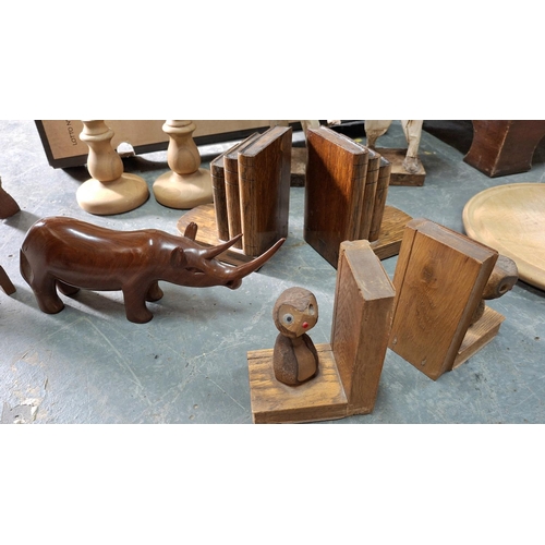 171 - Box of treen items to include 2 pairs of bookends, 2 figurines, 2 Indian carved side tables and a la... 