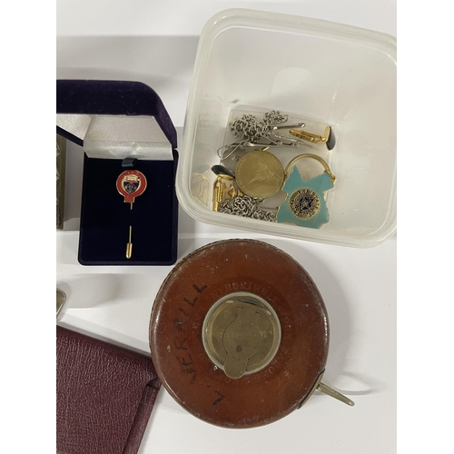 178 - Collection of items including an antique tape measure, a I.E.T pin badge, a Cressall Resistors Trans... 