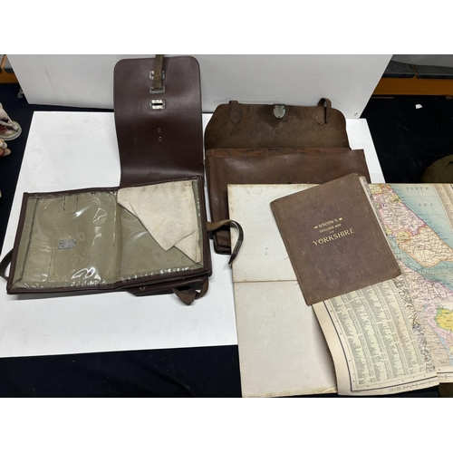 191 - Old Yorkshire map with 2 old leather bags