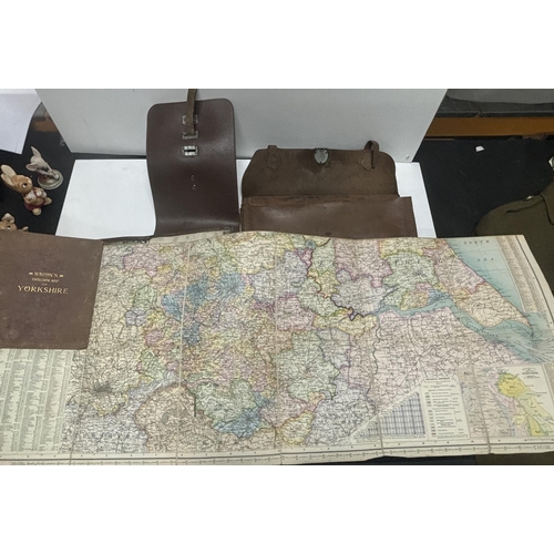 191 - Old Yorkshire map with 2 old leather bags