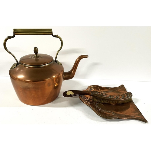 198 - Antique copper kettle and Art Nouveau copper crumb tray and brush