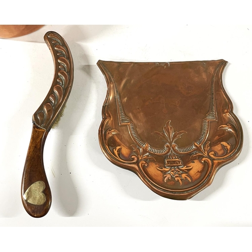 198 - Antique copper kettle and Art Nouveau copper crumb tray and brush