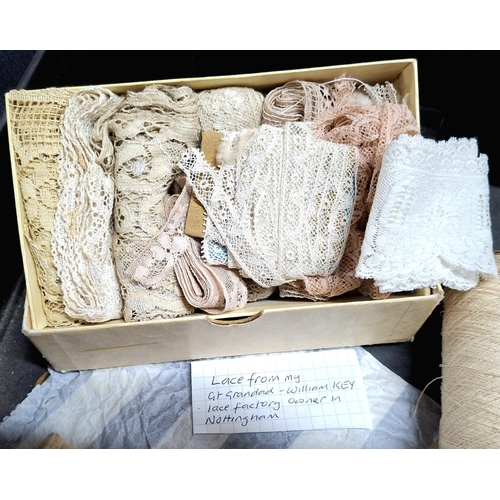 205 - Collection of antique Nottingham lace, a Victorian ball of string and gents Victorian leather gloves