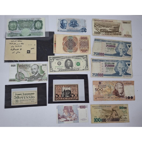 209 - Collection of bank notes to include a £1 Pound 1929/1934  green B.G.Catterns in superb condition tog... 