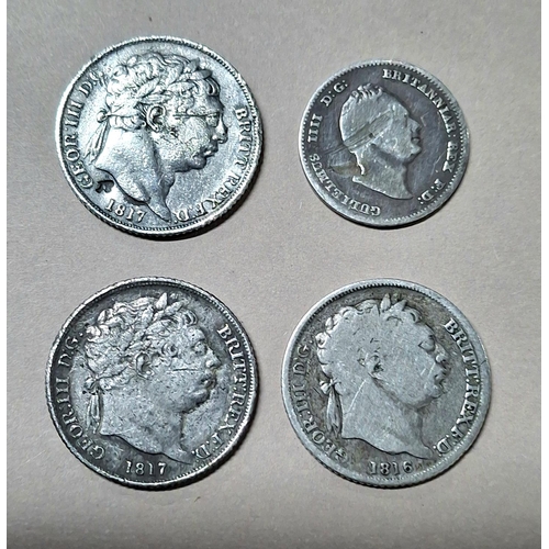 235 - Three George III shillings (2 x 1817 & a 1816) together with a 1835 William IV 3d (4)