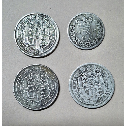 235 - Three George III shillings (2 x 1817 & a 1816) together with a 1835 William IV 3d (4)