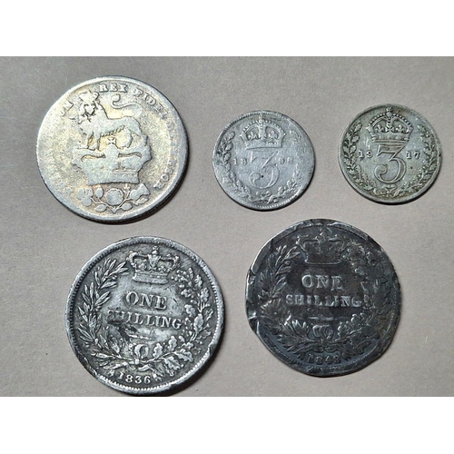 236 - George IV, William IV and Queen Victoria bun head shillings together with 2 3d (5)