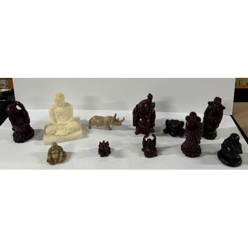 256 - Collection of oriental items including resin Buddahs and a marble elephant