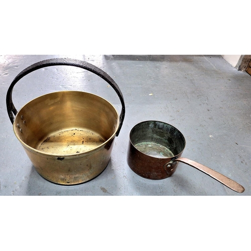 291 - Extra large antique brass jam pan with cast iron handle together with an antique oversized copper sa... 