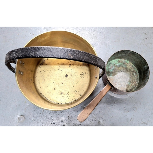 291 - Extra large antique brass jam pan with cast iron handle together with an antique oversized copper sa... 