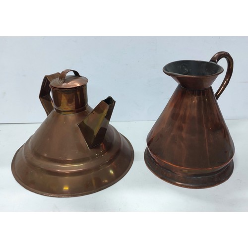 325 - Antique English copper stove kettle together with a one gallon copper water jug with markings to spo... 