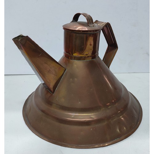 325 - Antique English copper stove kettle together with a one gallon copper water jug with markings to spo... 