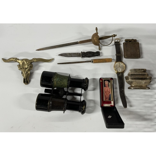 Collection of items including small daggers and lighters including Ronson