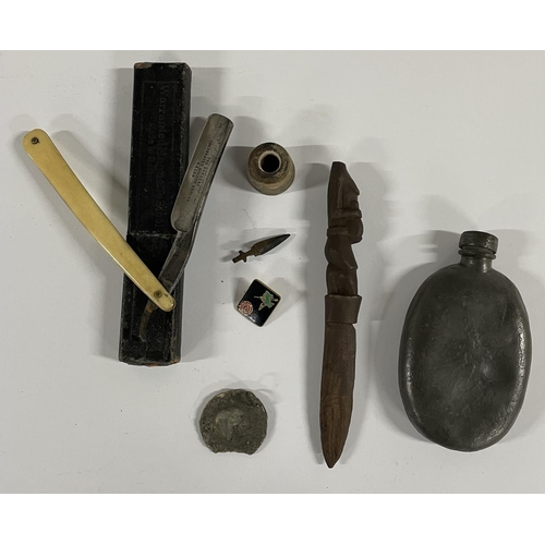 118 - Collection of items including a vintage barbers shaving blade and a old flask