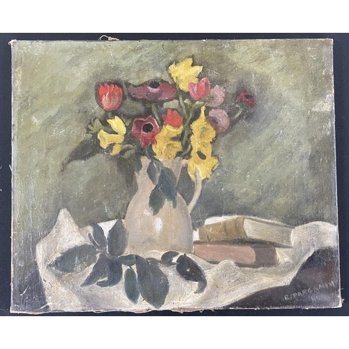 134 - R Pargamin early 20thC surrealist school, oil on canvass of flowers in vase, unframed