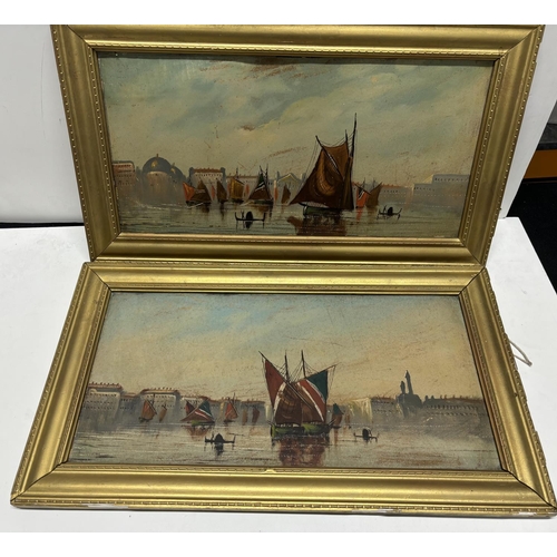 141 - Two early 20thC oil on board seascapes in matching gilt frames (2)