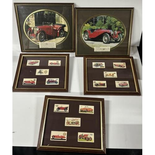 369 - 3 framed and glazed old car cigarette cards with 2 pictures of cars