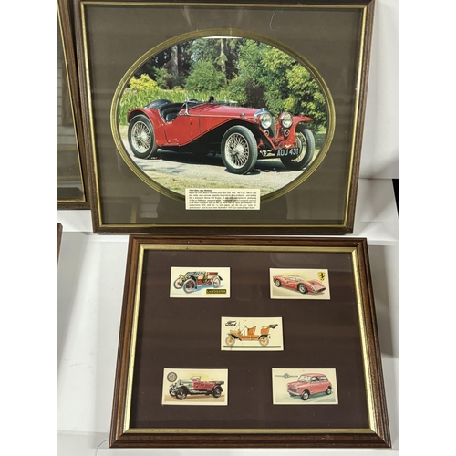 369 - 3 framed and glazed old car cigarette cards with 2 pictures of cars