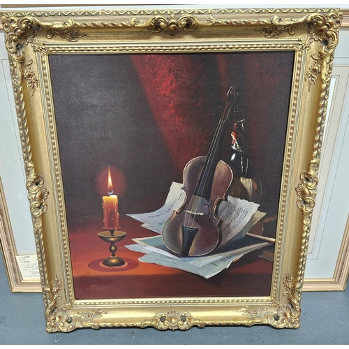 246 - Fine quality c2000 oil on canvas still-life painting depicting a candle and violin signed RUGE, in f... 