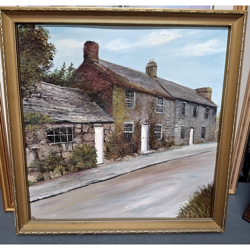 247 - Oil on board depicting country cottages signed in initials A.C.F, framed