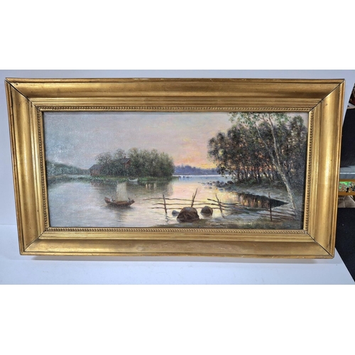 299 - Fine quality, unsigned early 20thC oil on canvas depicting a country lake scene in old gilt frame