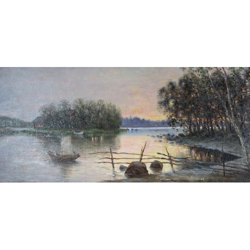 299 - Fine quality, unsigned early 20thC oil on canvas depicting a country lake scene in old gilt frame