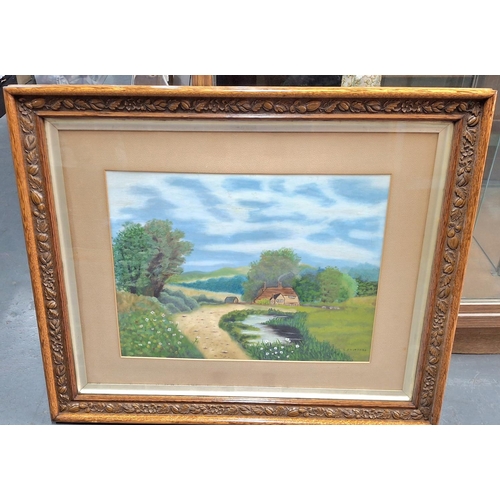 308 - W Stottard, Edwardian naïve school oil on board, of an English country landscape in superb original ... 