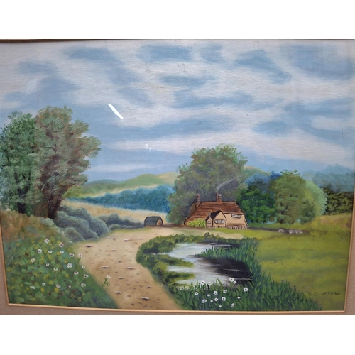 308 - W Stottard, Edwardian naïve school oil on board, of an English country landscape in superb original ... 