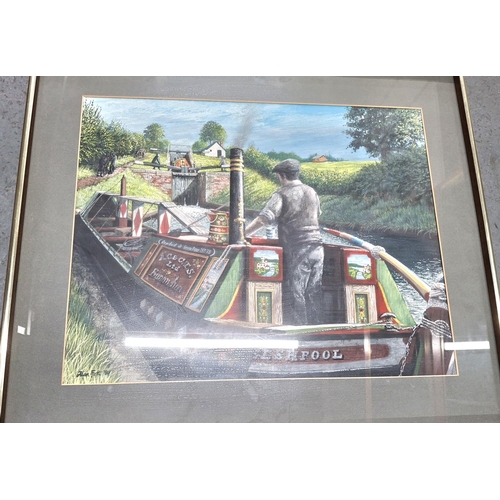 309 - Alan Firth 1980 oil on board canal scene together with a smaller similar scene (2), both framed