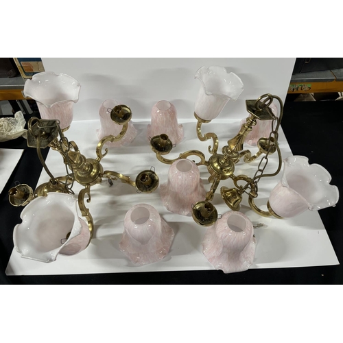 384 - Two matching brass chandeliers with lovely pink glass shades, complete