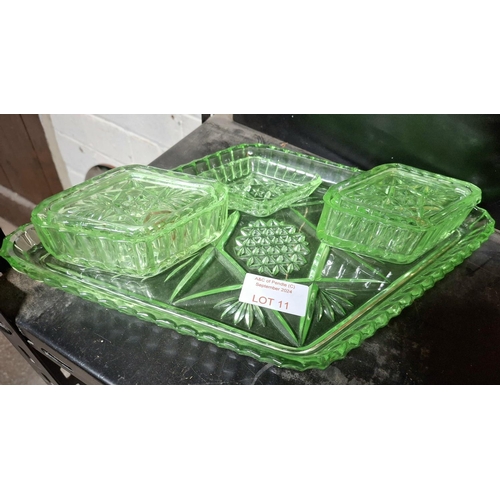 11 - Art Deco Uranium Vaseline glass part dressing table set