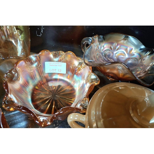 12 - Quantity of orange Carnival glass etc